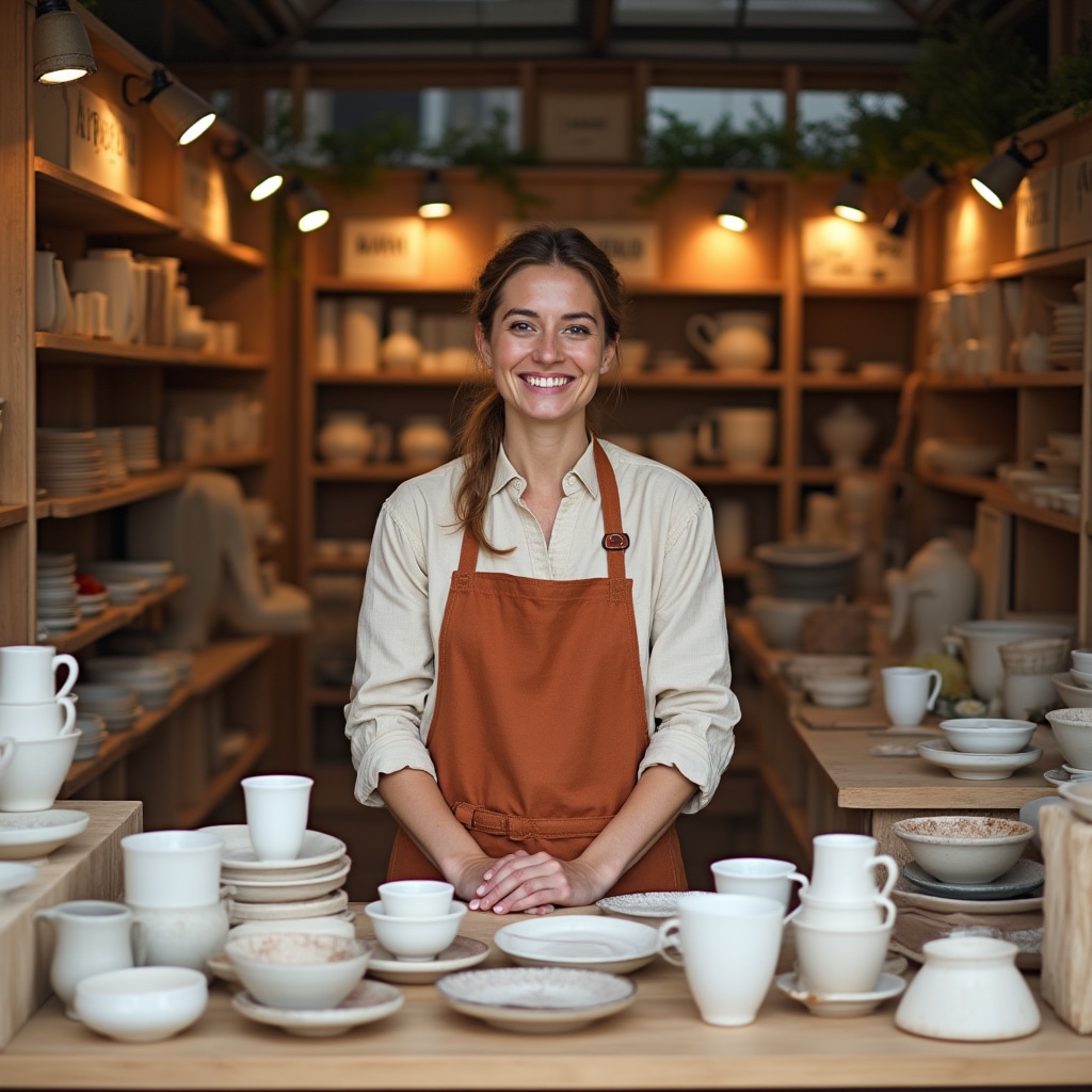 Artigiana italiana al suo stand curato in un mercato di design